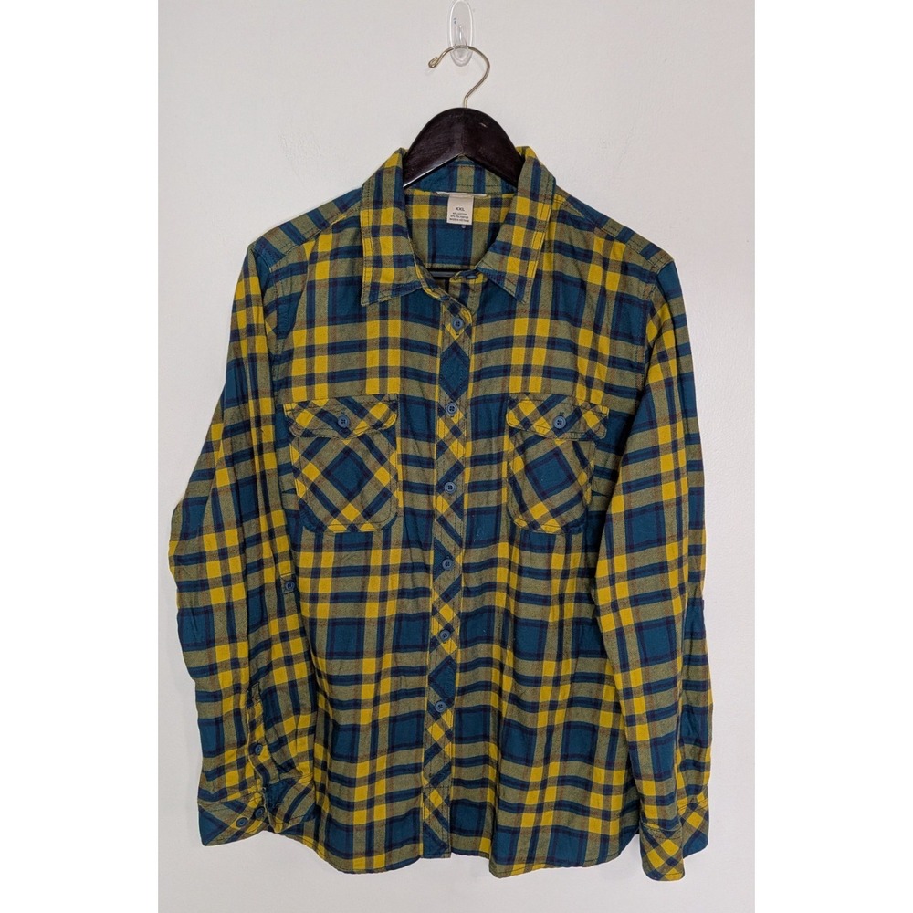Duluth Trading Women 2XL Teal/Yellow Flannel Button Front Long Sleeve Shirt